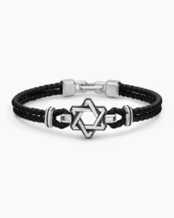 Streamline® Star of David Bracelet Black Leather with Sterling Silver, 6mm
