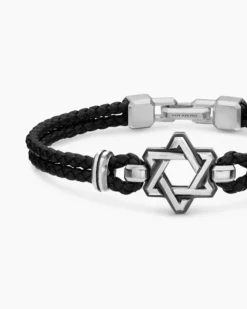 Streamline® Star of David Bracelet Black Leather with Sterling Silver, 6mm
