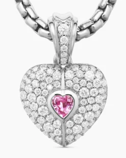 SY Heart Amulet 18K White Gold with Diamonds and Pink Sapphire, 12.8mm