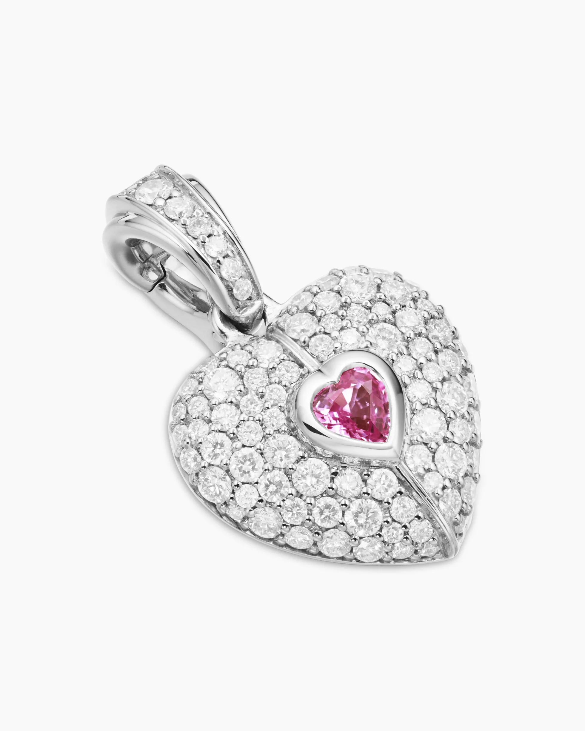 SY Heart Amulet 18K White Gold with Diamonds and Pink Sapphire, 12.8mm