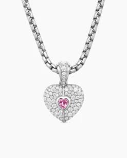 SY Heart Amulet 18K White Gold with Diamonds and Pink Sapphire, 12.8mm