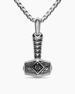Thor Hammer Amulet Sterling Silver with Black Diamonds, 25mm