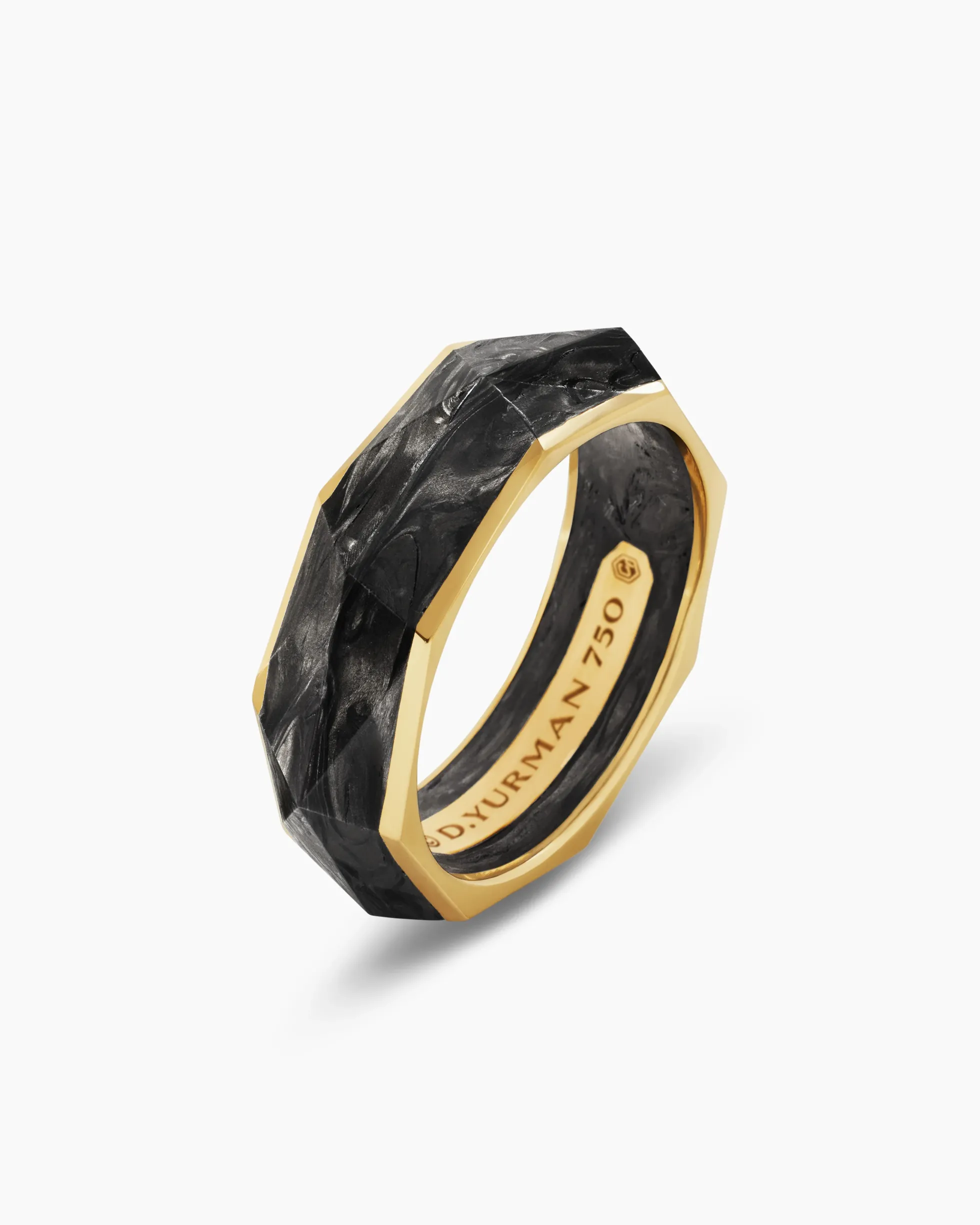 Torqued Faceted Band Ring Forged Carbon with 18K Yellow Gold, 8mm