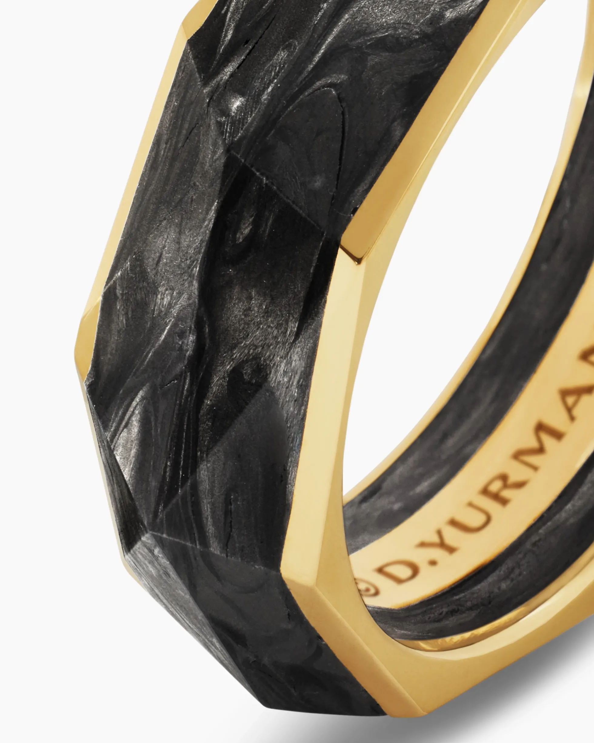Torqued Faceted Band Ring Forged Carbon with 18K Yellow Gold, 8mm