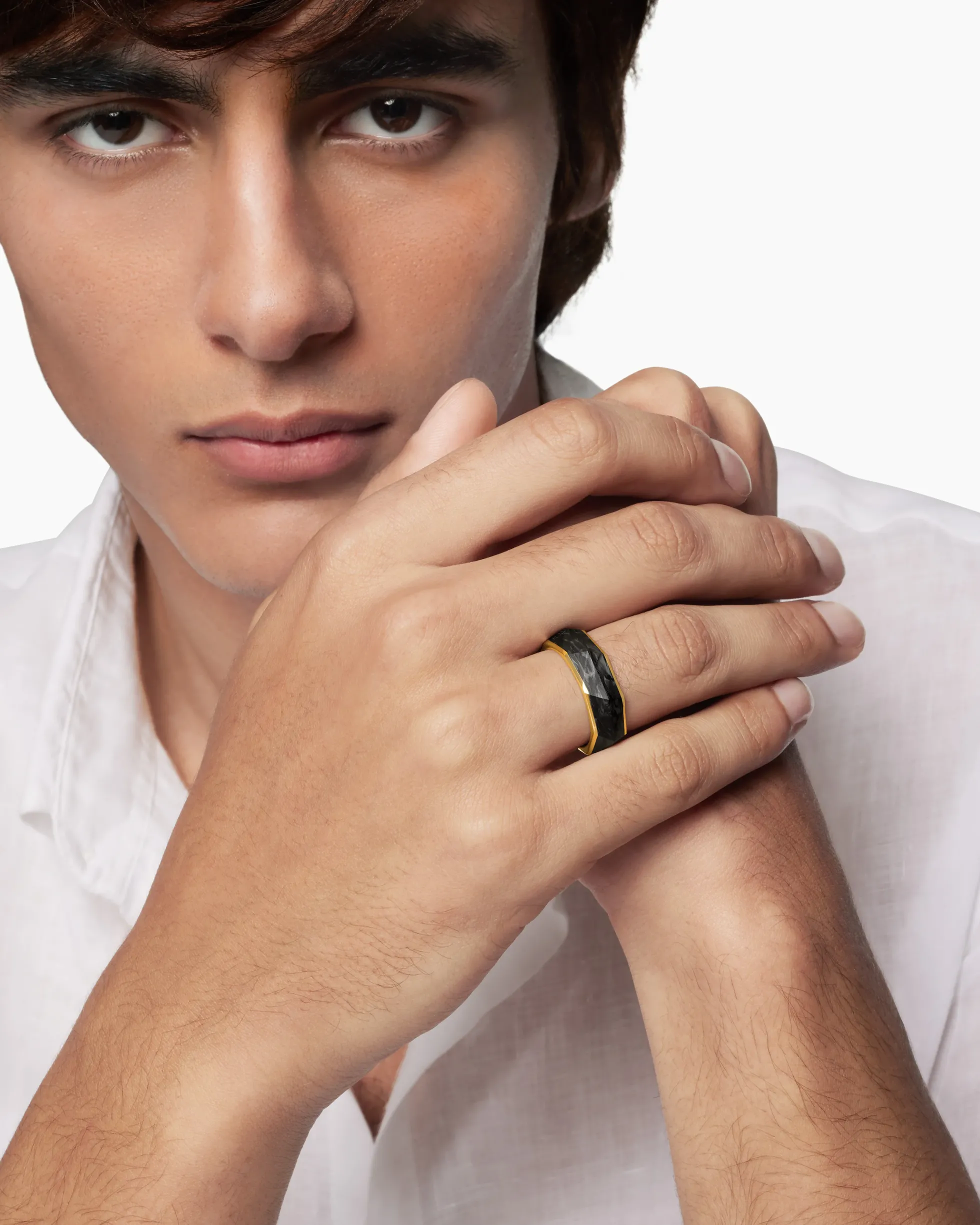 Torqued Faceted Band Ring Forged Carbon with 18K Yellow Gold, 8mm