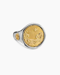 Water and Fire Duality Signet Ring Sterling Silver with 18K Yellow Gold, 20mm