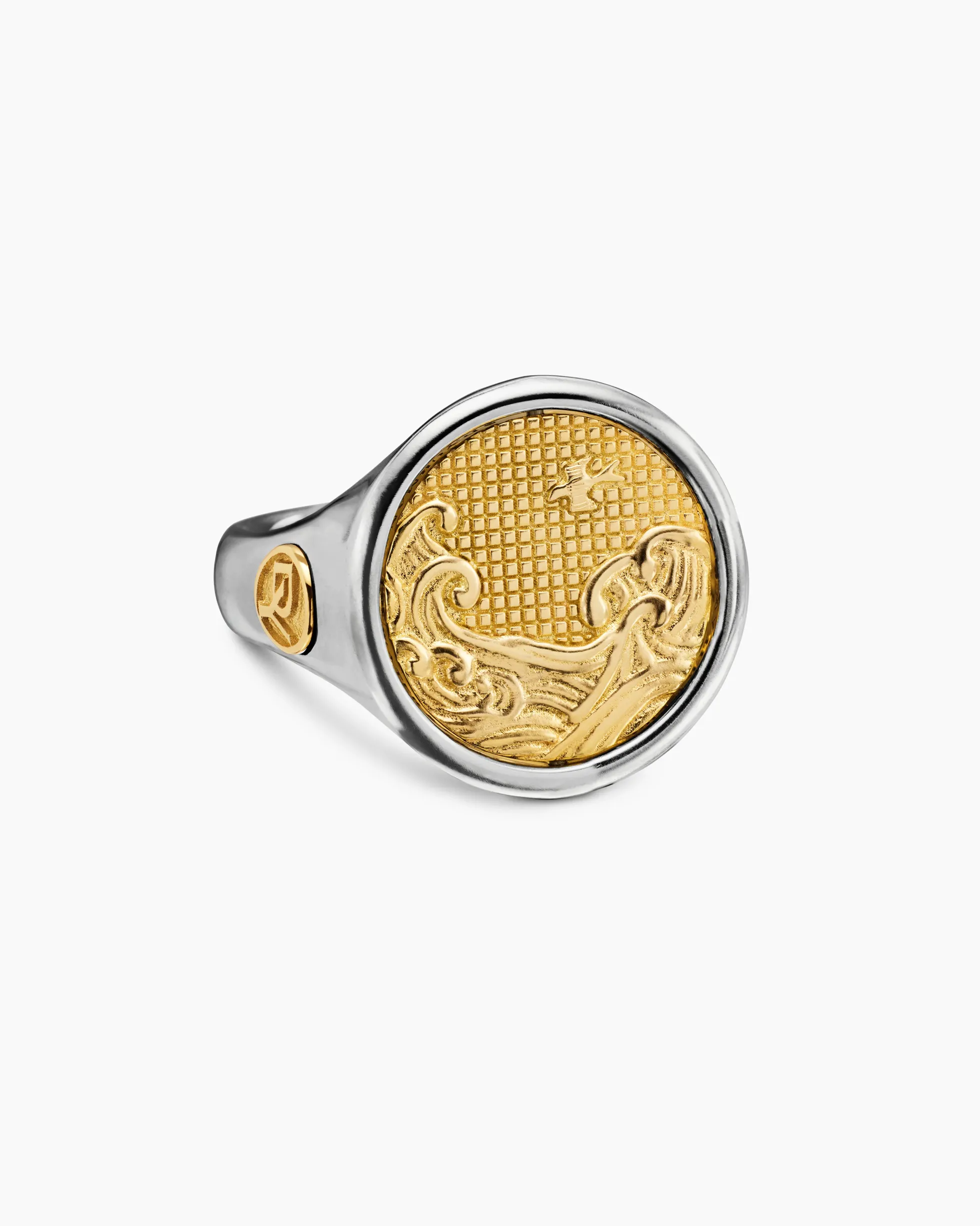 Water and Fire Duality Signet Ring Sterling Silver with 18K Yellow Gold, 20mm