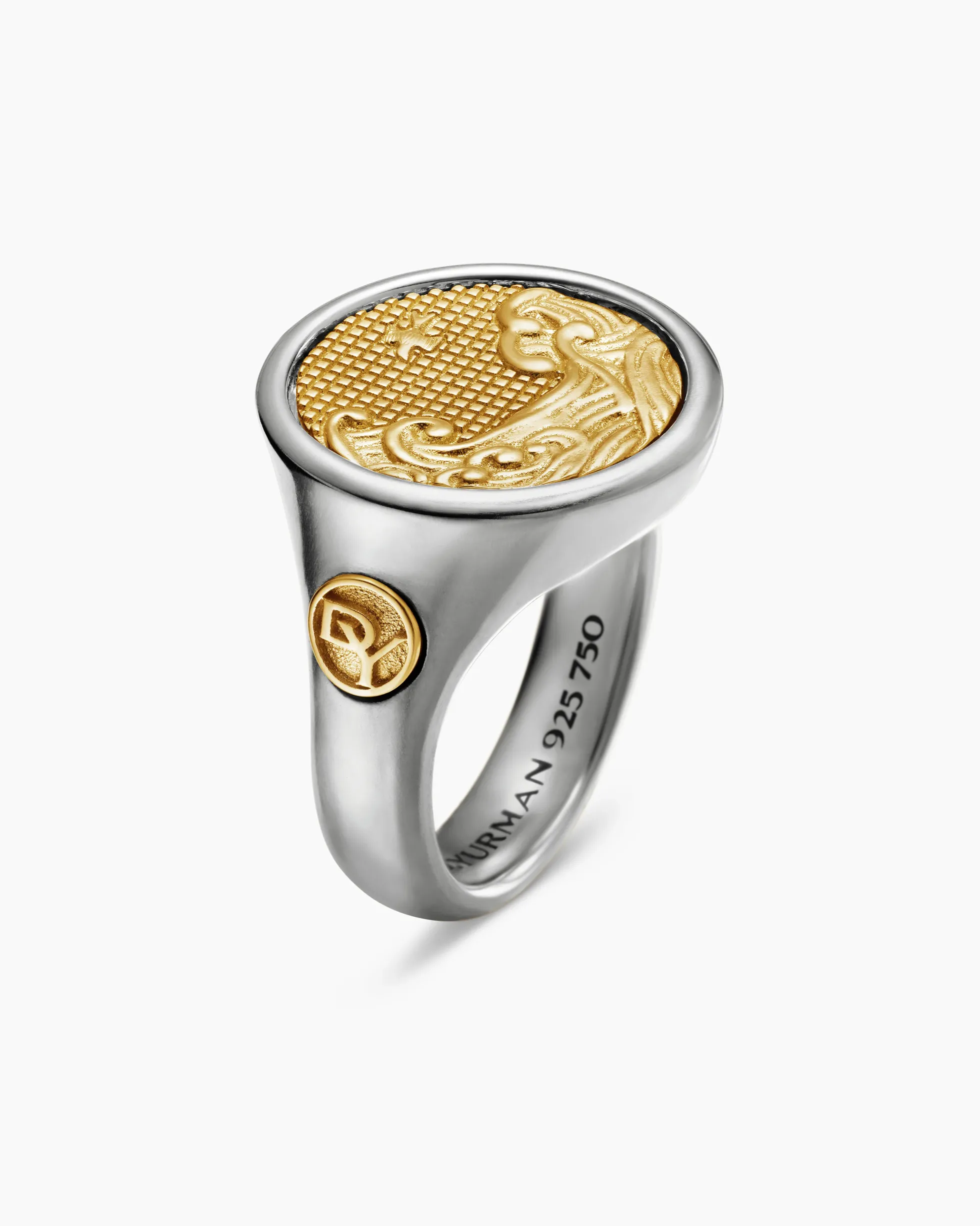 Water and Fire Duality Signet Ring Sterling Silver with 18K Yellow Gold, 20mm