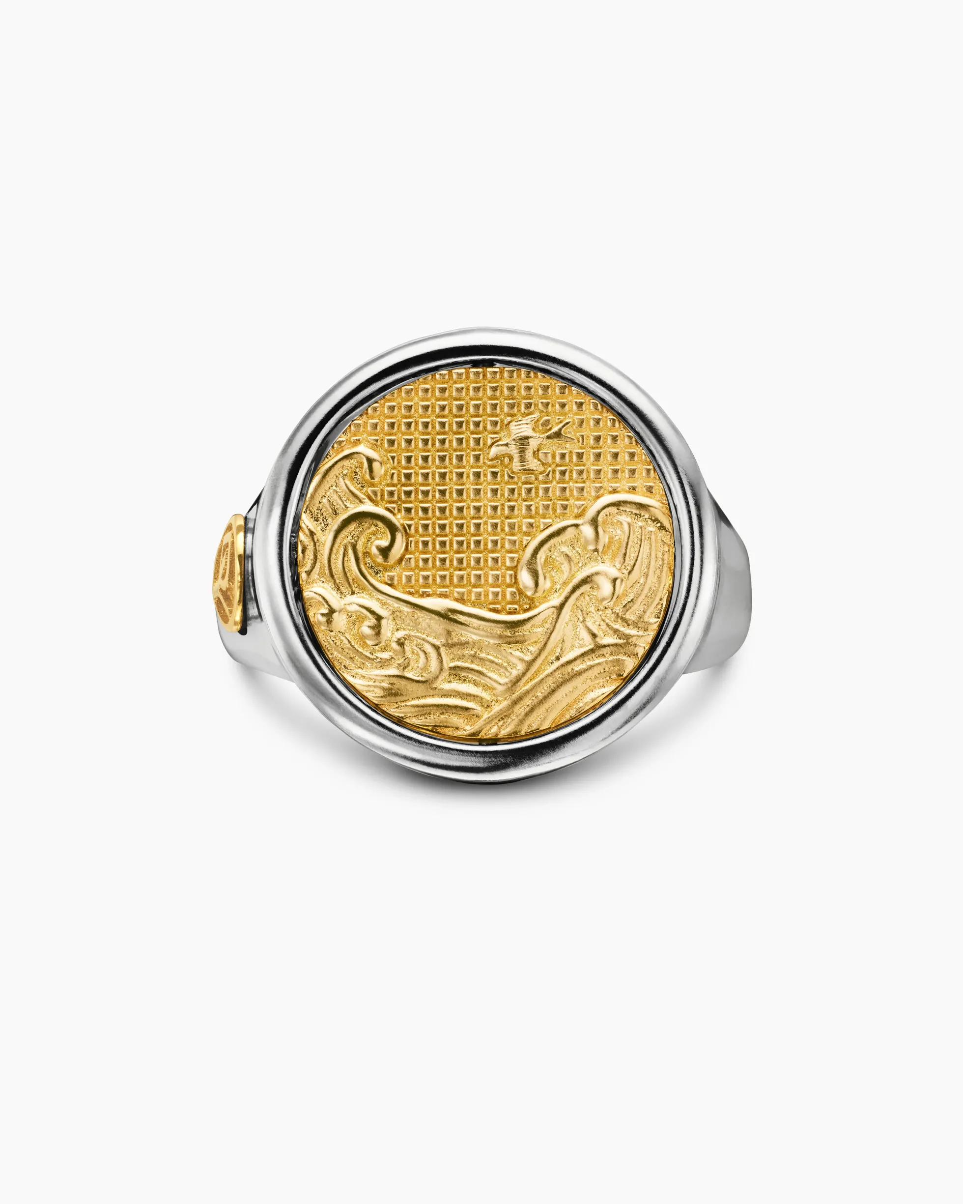 Water and Fire Duality Signet Ring Sterling Silver with 18K Yellow Gold, 20mm