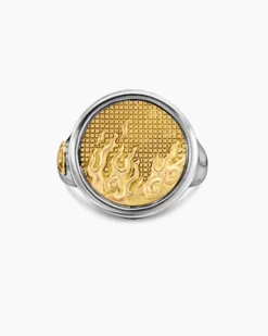 Water and Fire Duality Signet Ring Sterling Silver with 18K Yellow Gold, 20mm