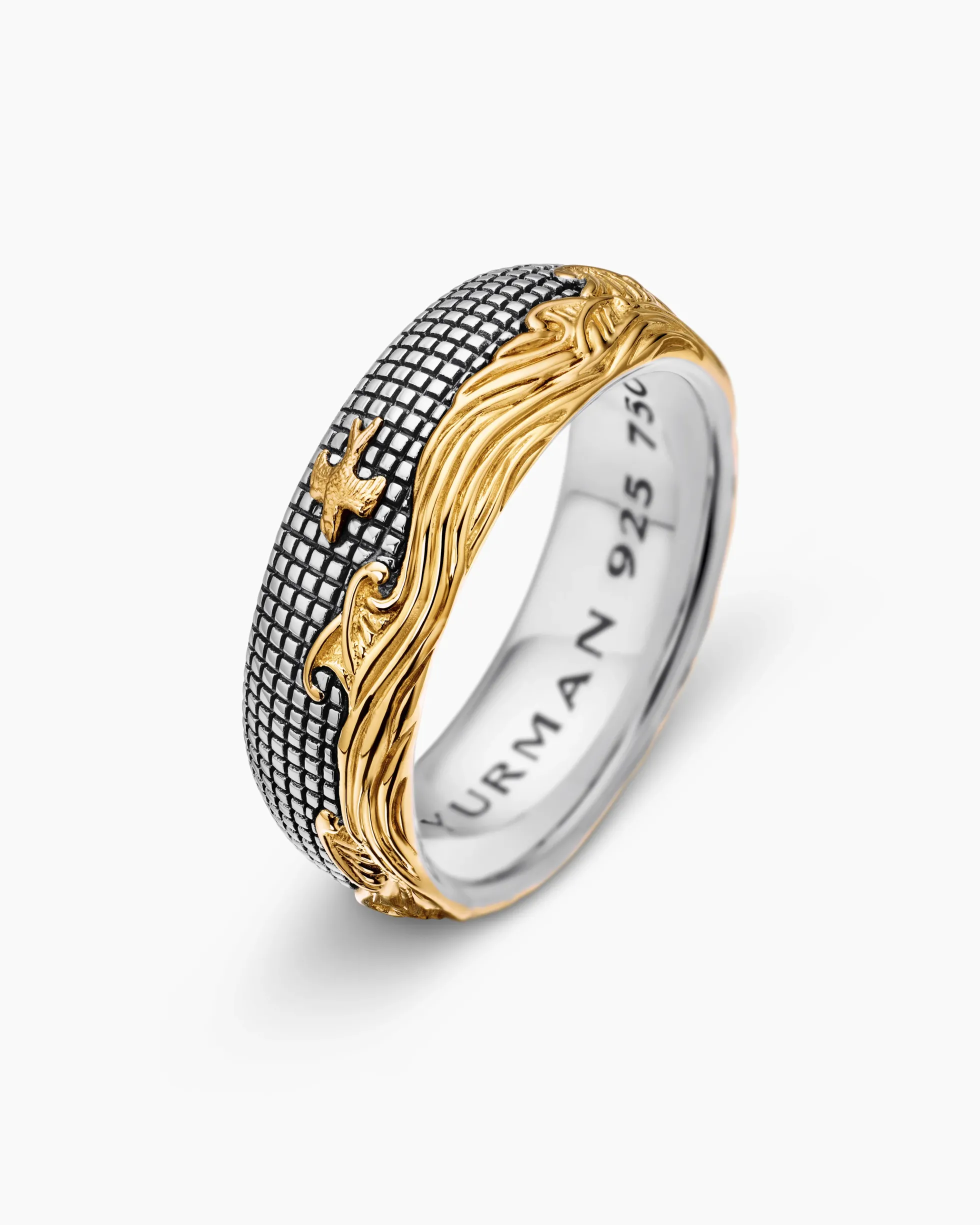 Waves Band Ring Sterling Silver with 18K Yellow Gold, 8.7mm