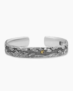 Waves Cuff Bracelet Sterling Silver with 18K Yellow Gold, 12mm