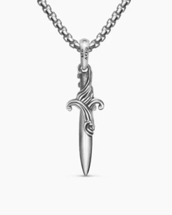 Waves Dagger Amulet Sterling Silver with Black Diamonds, 31mm