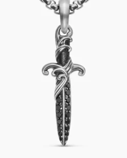 Waves Dagger Amulet Sterling Silver with Black Diamonds, 31mm