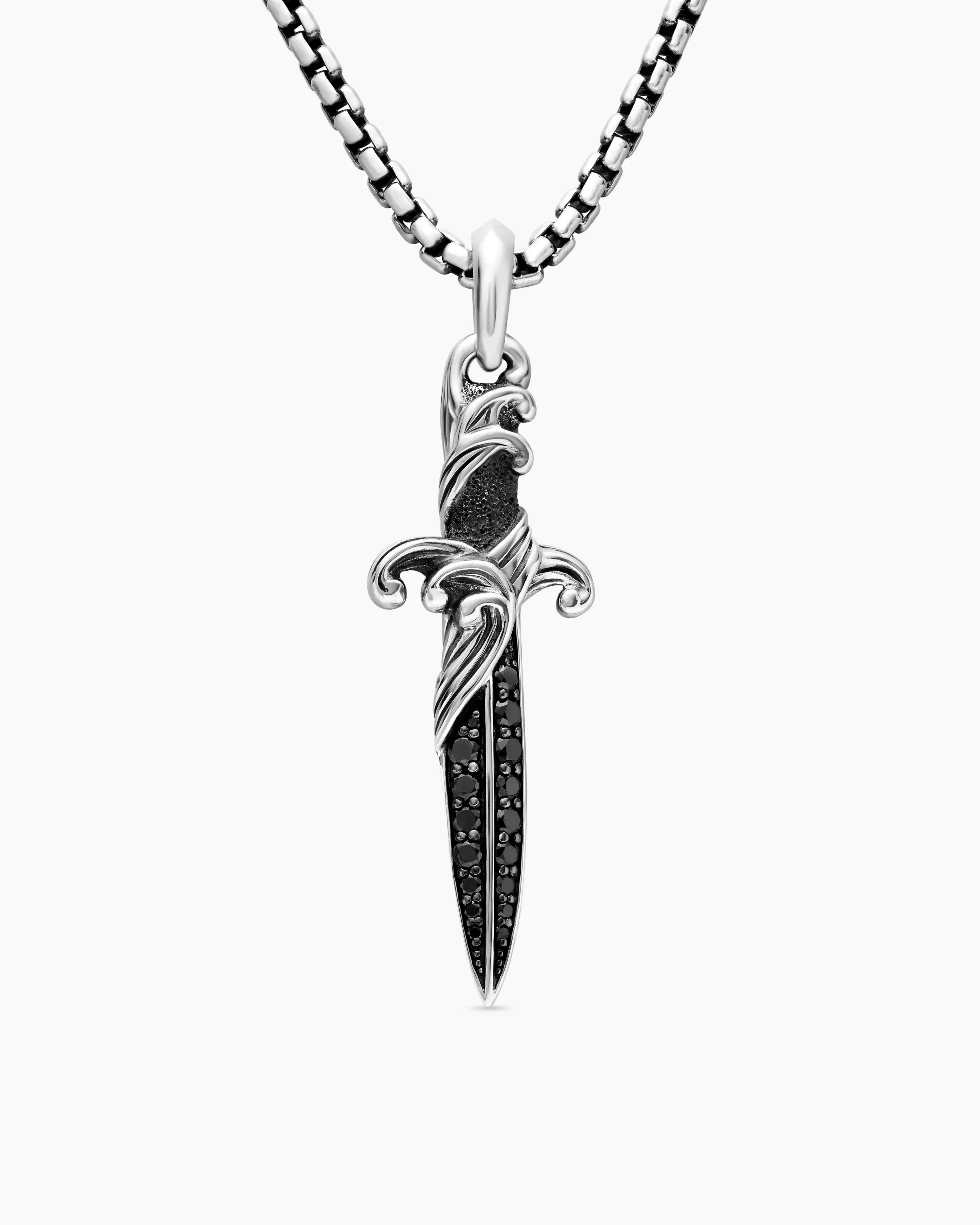 Waves Dagger Amulet Sterling Silver with Black Diamonds, 44mm