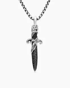 Waves Dagger Amulet Sterling Silver with Black Diamonds, 44mm