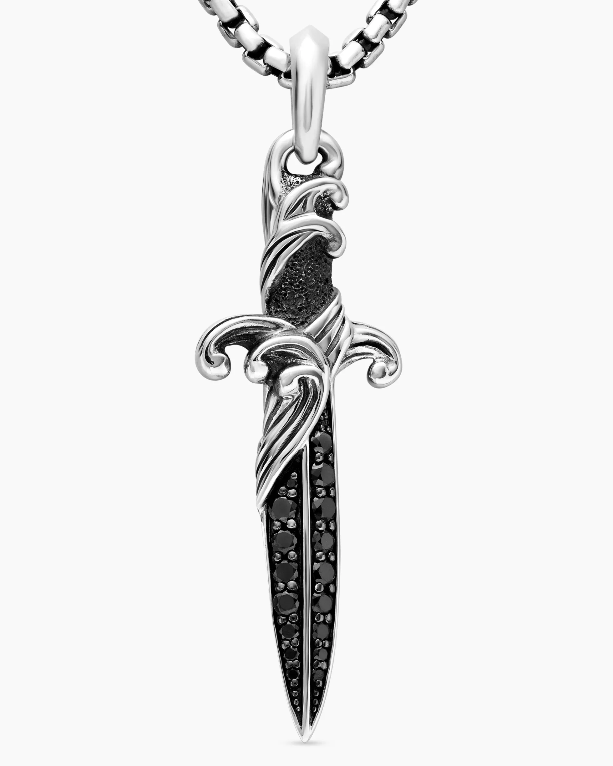 Waves Dagger Amulet Sterling Silver with Black Diamonds, 44mm