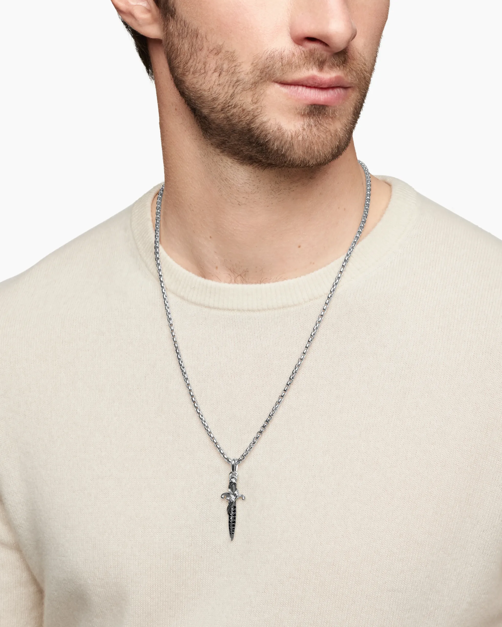 Waves Dagger Amulet Sterling Silver with Black Diamonds, 44mm
