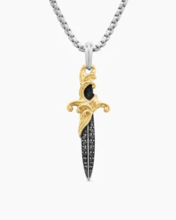 Waves Dagger Amulet Sterling Silver with 18K Yellow Gold and Black Diamonds, 44mm
