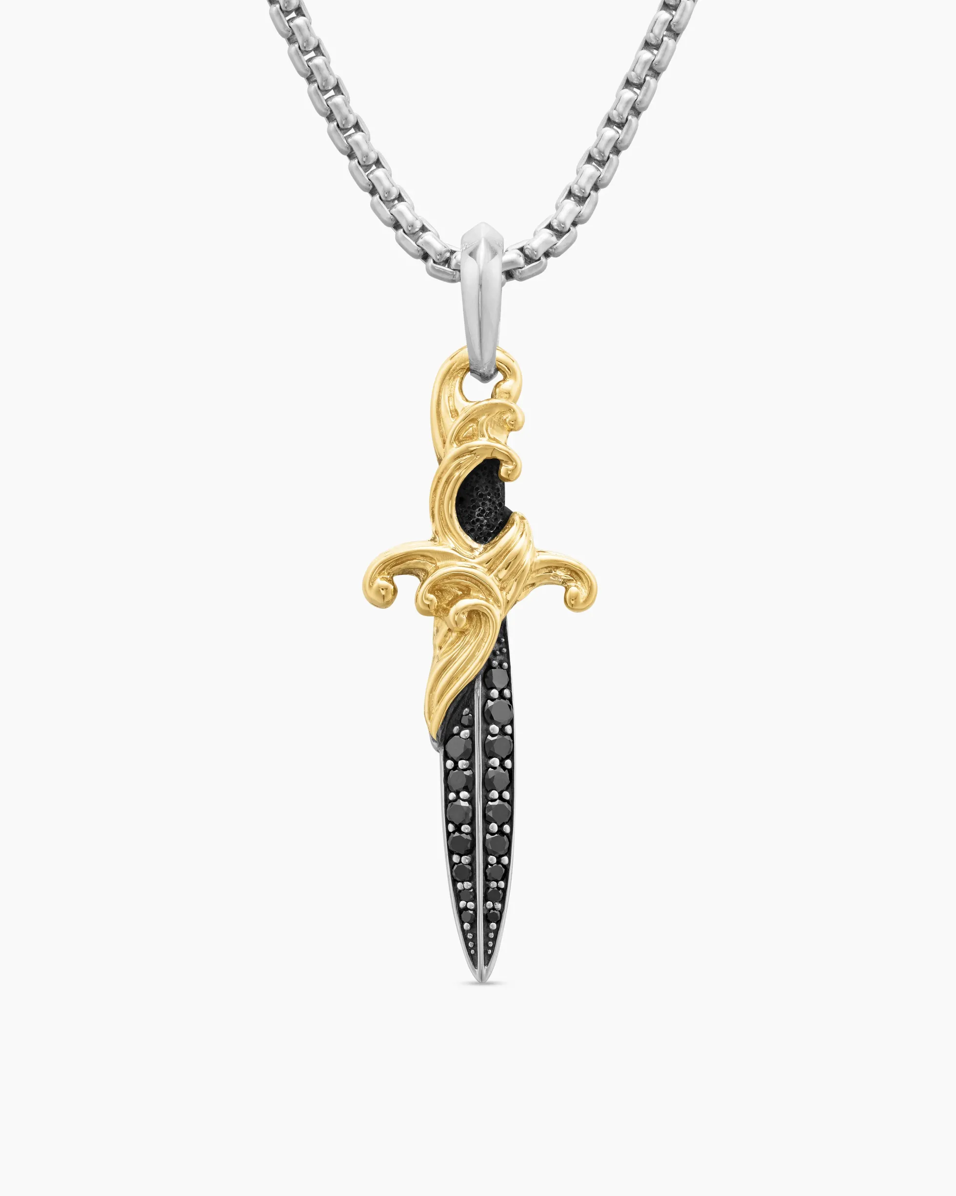 Waves Dagger Amulet Sterling Silver with 18K Yellow Gold and Black Diamonds, 44mm