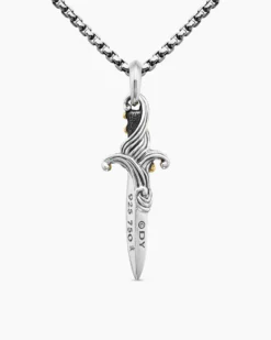 Waves Dagger Amulet Sterling Silver with 18K Yellow Gold and Black Diamonds, 44mm