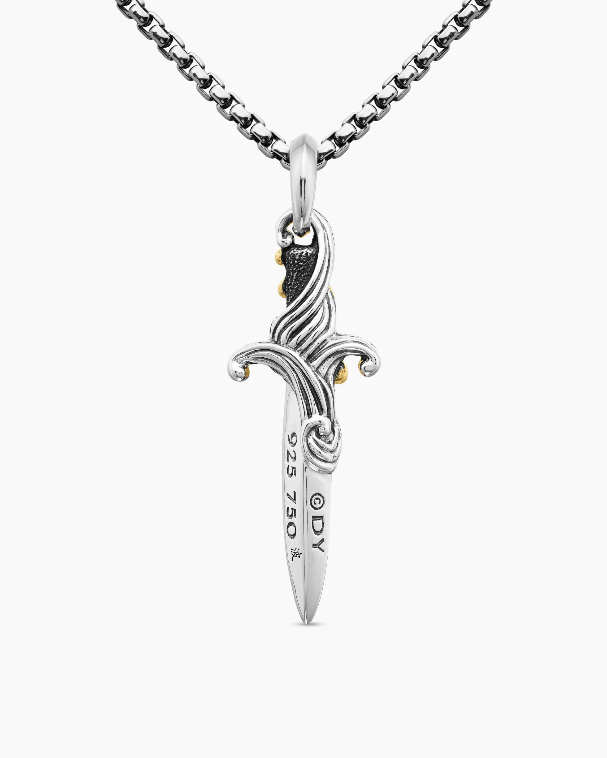 Waves Dagger Amulet Sterling Silver with 18K Yellow Gold and Black Diamonds, 44mm