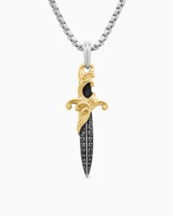 Waves Dagger Amulet Sterling Silver with 18K Yellow Gold and Black Diamonds, 44mm
