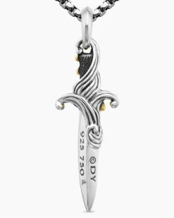 Waves Dagger Amulet Sterling Silver with 18K Yellow Gold and Black Diamonds, 44mm