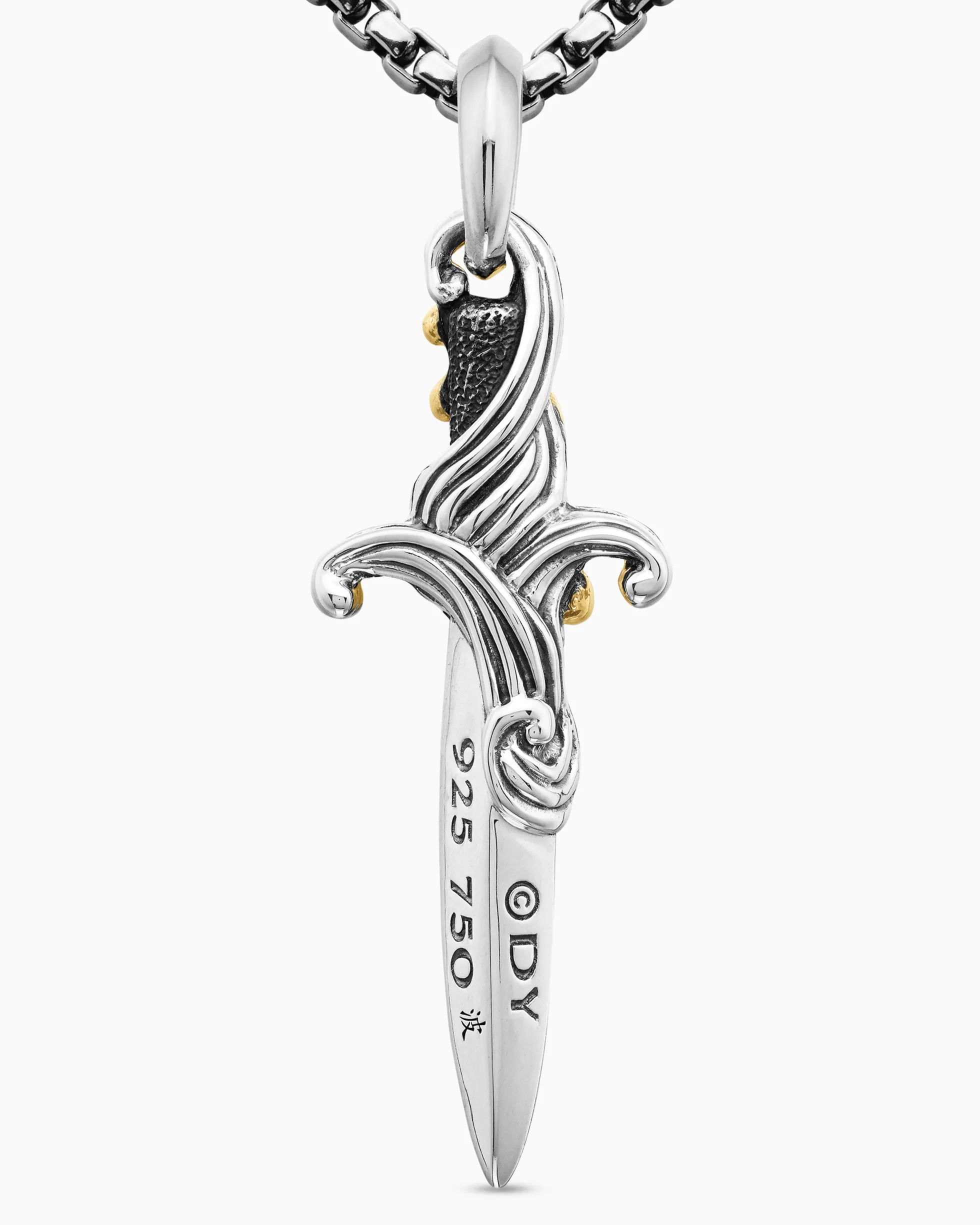 Waves Dagger Amulet Sterling Silver with 18K Yellow Gold and Black Diamonds, 44mm