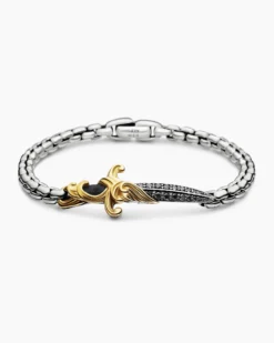 Waves Dagger Bracelet Sterling Silver with 18K Yellow Gold and Black Diamonds, 5mm