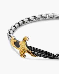 Waves Dagger Bracelet Sterling Silver with 18K Yellow Gold and Black Diamonds, 5mm