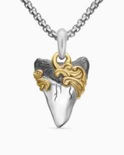 Waves Shark Tooth Amulet Sterling Silver with 18K Yellow Gold, 25mm