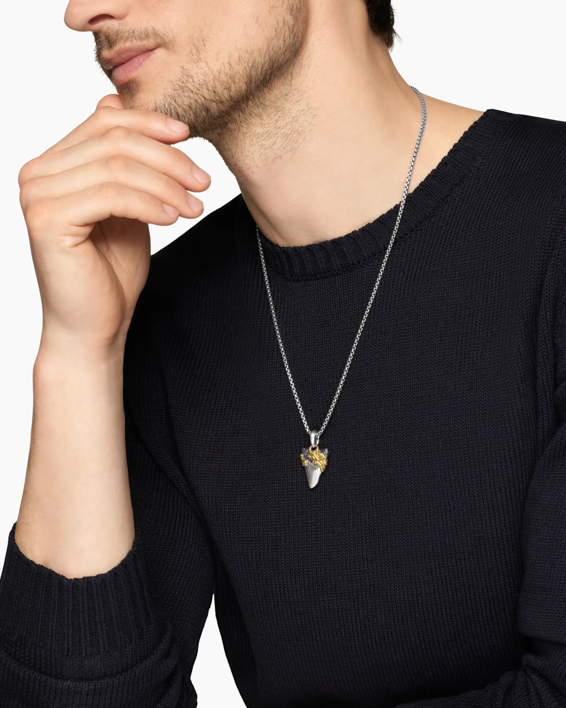 Waves Shark Tooth Amulet Sterling Silver with 18K Yellow Gold, 25mm