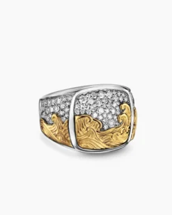Waves Signet Ring Sterling Silver with 18K Yellow Gold and Diamonds, 18.8mm