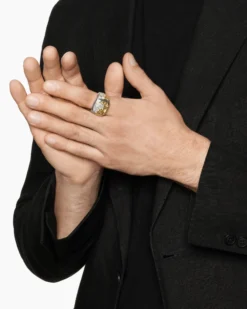 Waves Signet Ring Sterling Silver with 18K Yellow Gold and Diamonds, 18.8mm