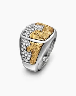 Waves Signet Ring Sterling Silver with 18K Yellow Gold and Diamonds, 18.8mm