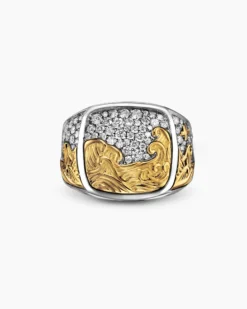 Waves Signet Ring Sterling Silver with 18K Yellow Gold and Diamonds, 18.8mm