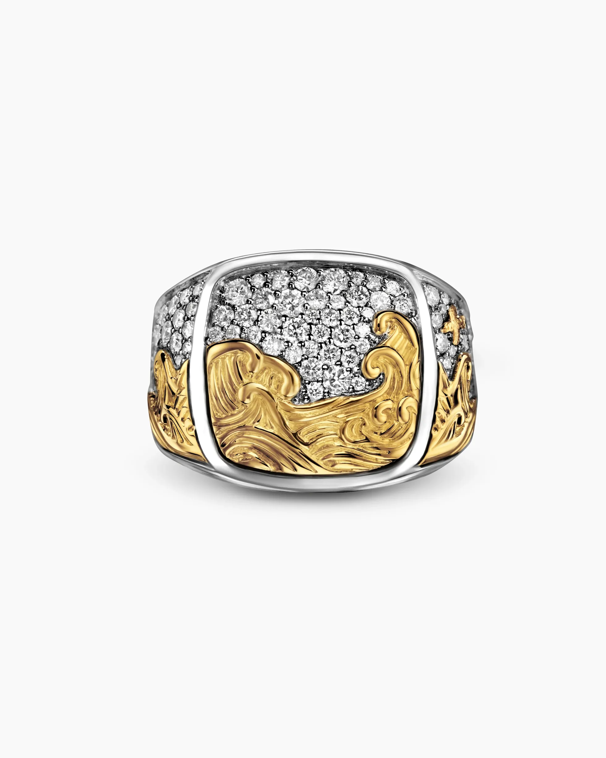 Waves Signet Ring Sterling Silver with 18K Yellow Gold and Diamonds, 18.8mm
