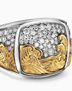 Waves Signet Ring Sterling Silver with 18K Yellow Gold and Diamonds, 18.8mm