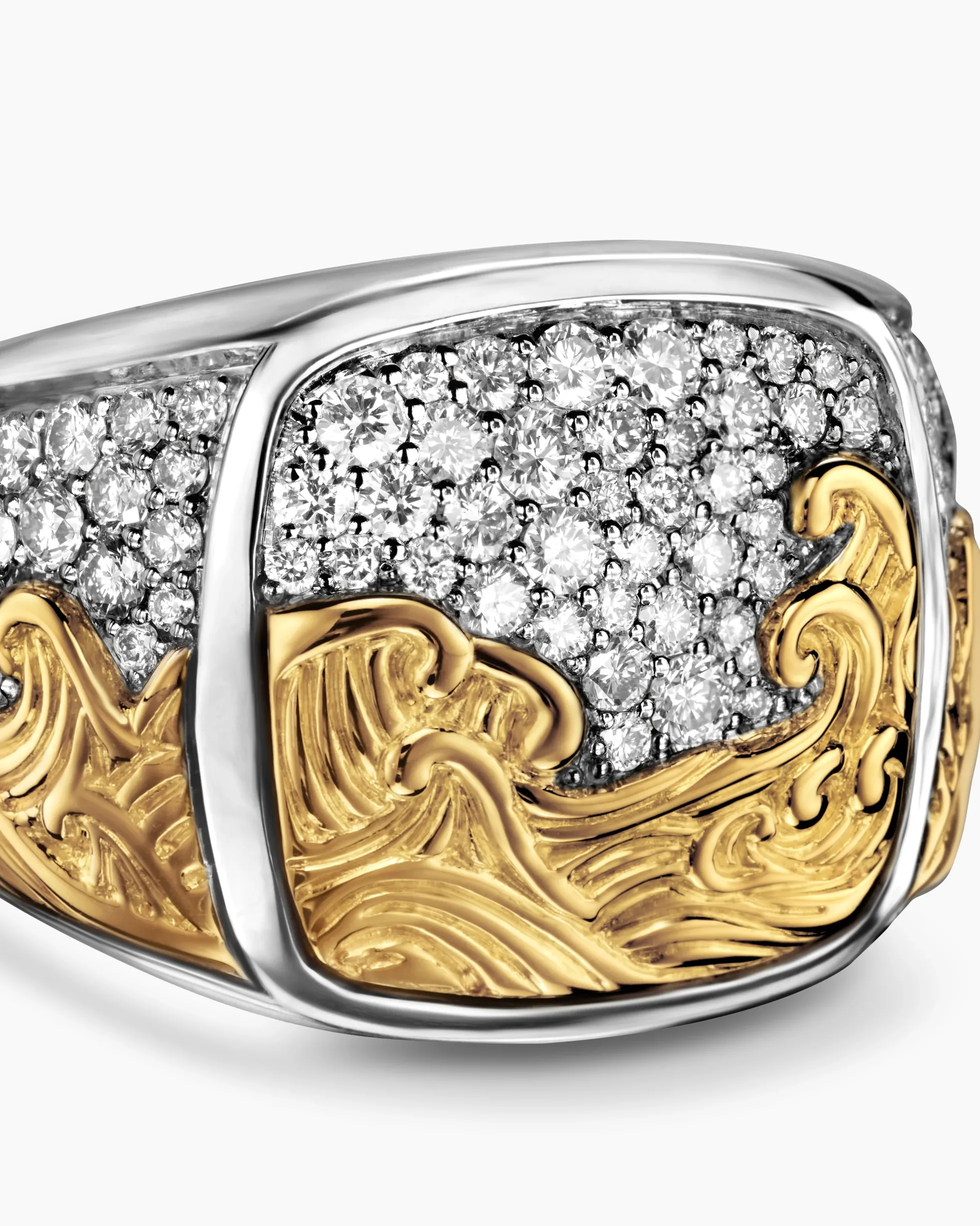 Waves Signet Ring Sterling Silver with 18K Yellow Gold and Diamonds, 18.8mm