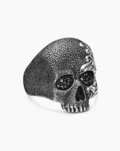Waves Skull Ring Sterling Silver with Black Diamonds, 24mm