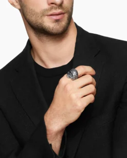 Waves Skull Ring Sterling Silver with Black Diamonds, 24mm