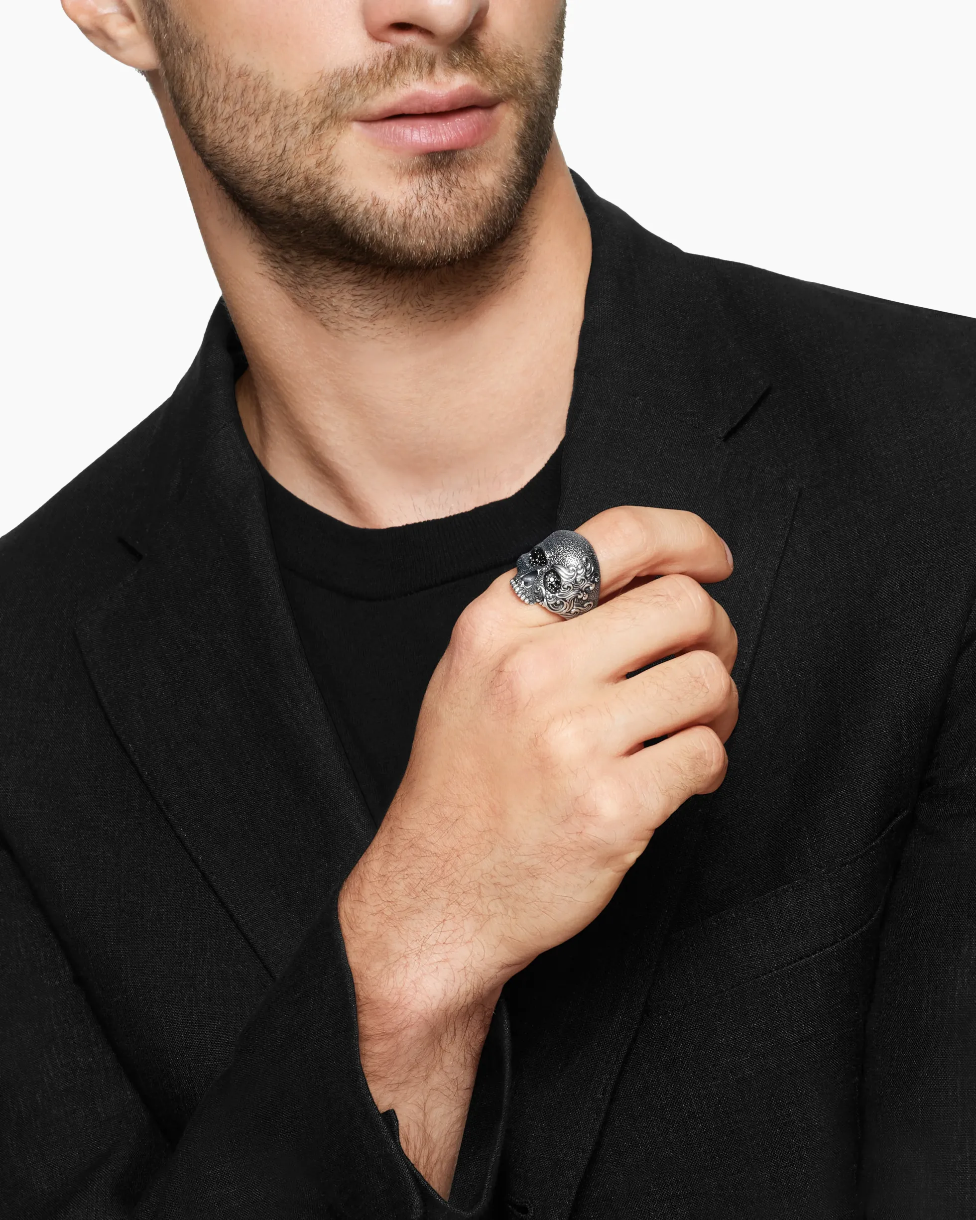 Waves Skull Ring Sterling Silver with Black Diamonds, 24mm