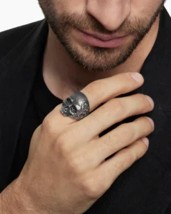 Waves Skull Ring Sterling Silver with Black Diamonds, 24mm