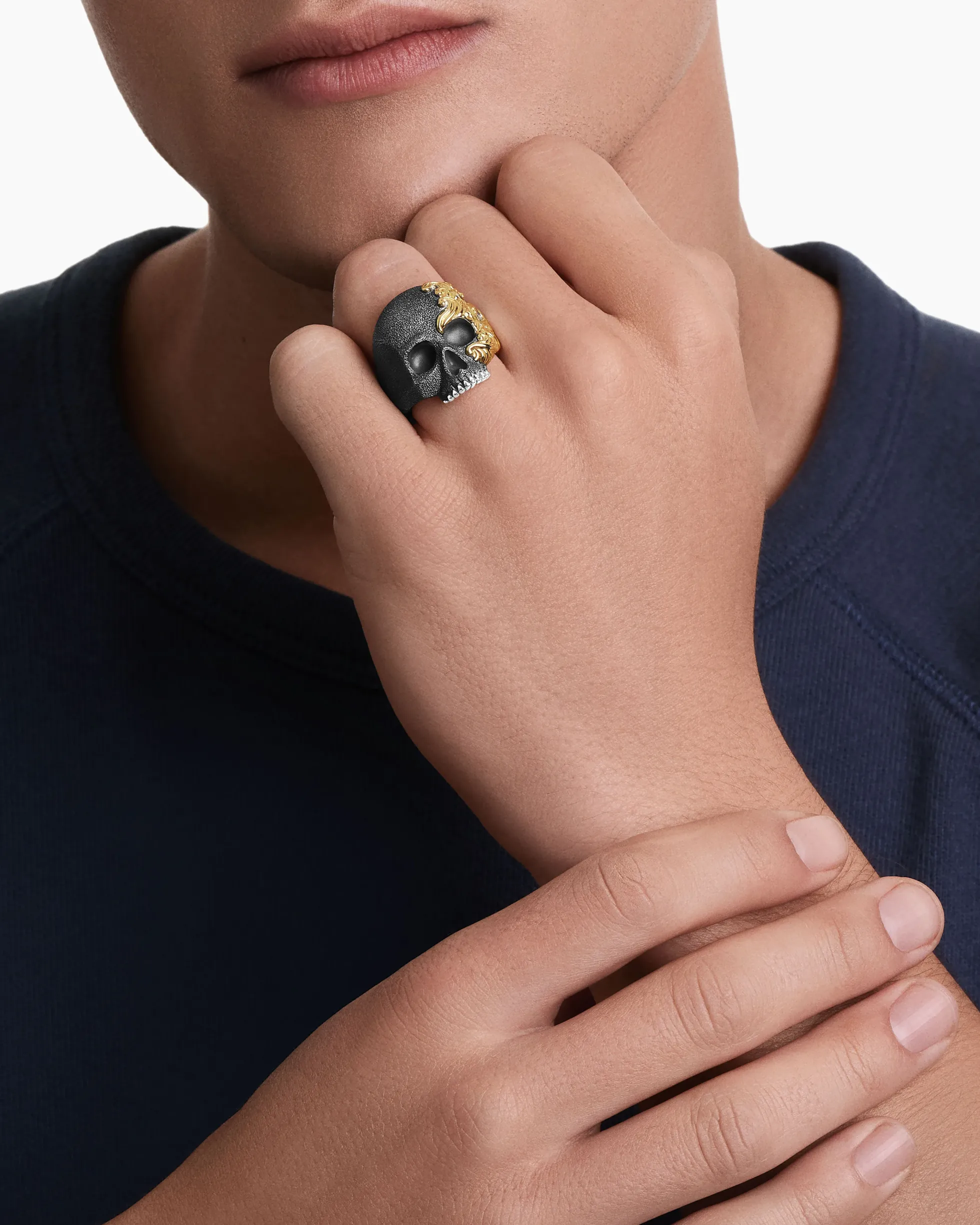 Waves Skull Ring Sterling Silver with 18K Yellow Gold, 24mm
