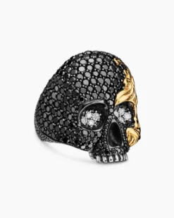 Waves Skull Ring Sterling Silver with 18K Yellow Gold and Diamonds, 26mm