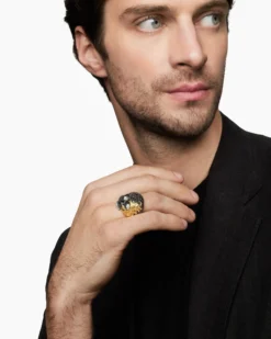 Waves Skull Ring Sterling Silver with 18K Yellow Gold and Diamonds, 26mm