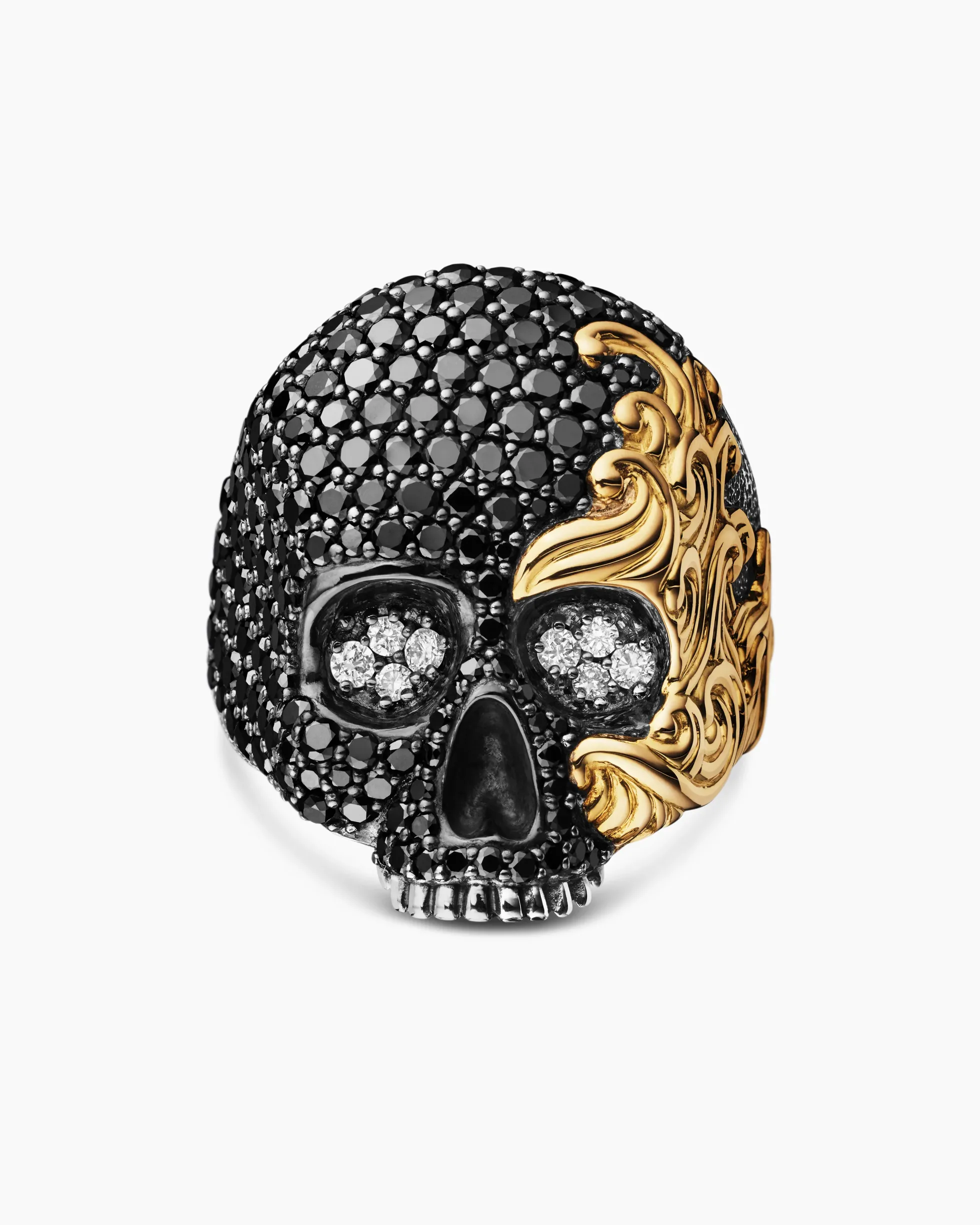 Waves Skull Ring Sterling Silver with 18K Yellow Gold and Diamonds, 26mm