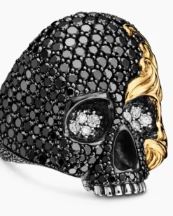 Waves Skull Ring Sterling Silver with 18K Yellow Gold and Diamonds, 26mm