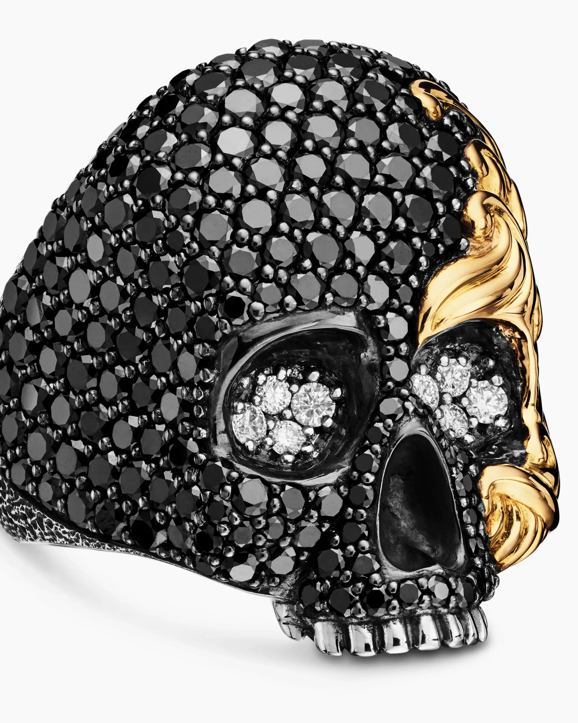 Waves Skull Ring Sterling Silver with 18K Yellow Gold and Diamonds, 26mm